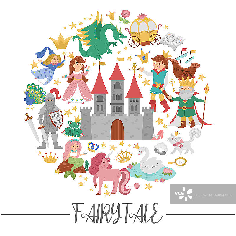 矢量圆形框架内有童话人物、物体。童话卡片模板设计的旗帜，邀请公主和王子。可爱的奇幻城堡插图与魔法元素图片素材