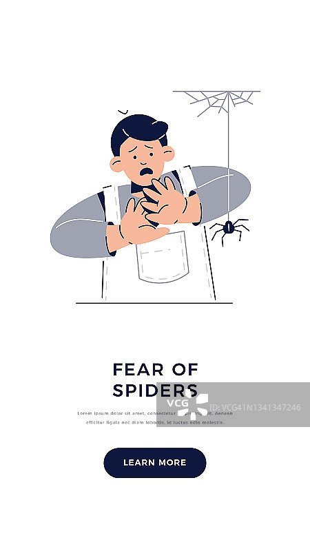 蜘蛛恐惧，蜘蛛恐惧症横幅。害怕的孩子的性格是害怕蜘蛛。恐惧症，儿童非理性恐惧，焦虑障碍，害怕面对网络的情感概念。平面向量插图图片素材