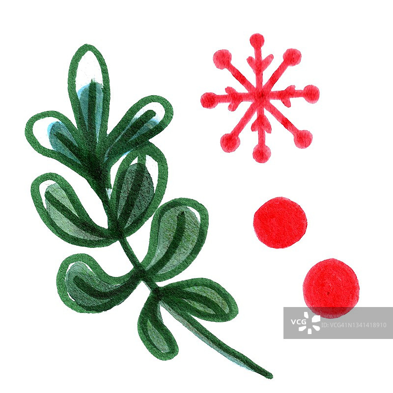 绿色的树枝上有红色的浆果和红色的雪花，圣诞节的摆设。孤立的,白色背景。水彩手绘插图图片素材