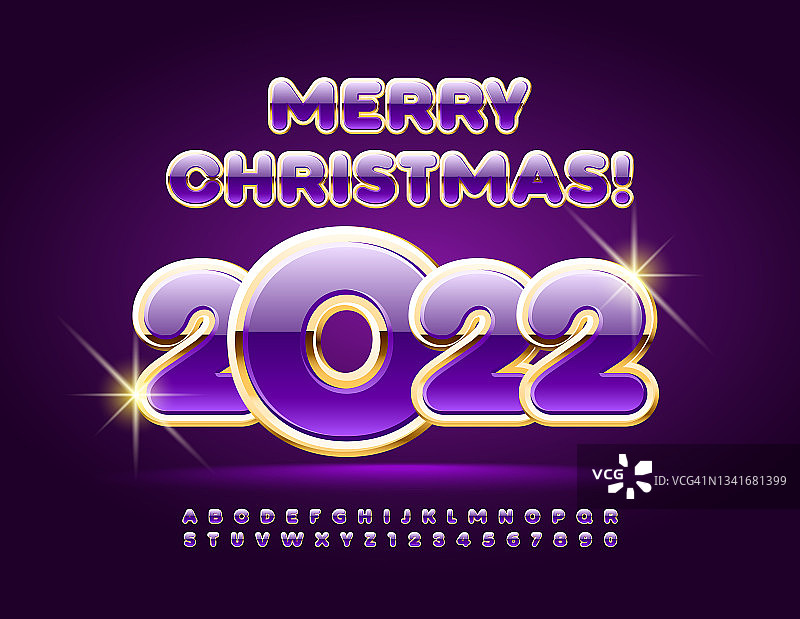 向量豪华贺卡圣诞快乐2022!紫色和金色字母字母和数字集合图片素材