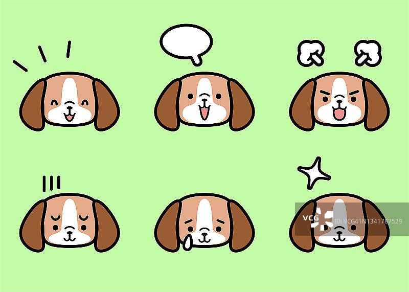 可爱的小狗图标集与六个面部表情的颜色柔和色调图片素材
