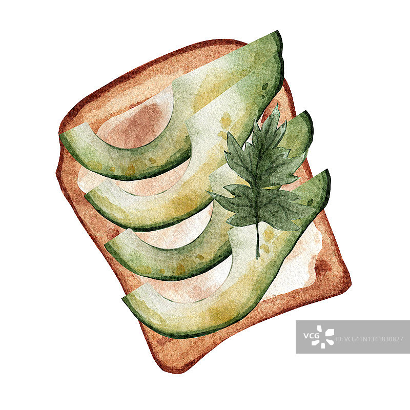 水彩画风格的鳄梨三明治。健康的早餐插图。素食健康食品图片素材