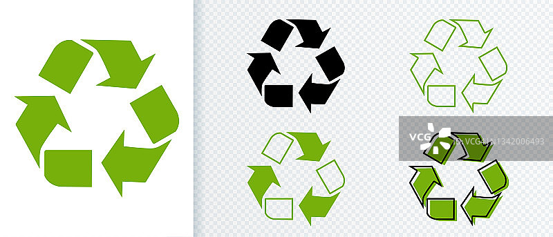 一套回收图标，标志，符号。回收概念设计孤立在白色和透明的背景上。矢量插图。图片素材