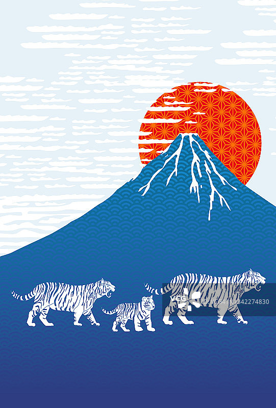 2022年虎年贺卡——日本图案虎和富士山。作品中的人物是日本人，带着一只老虎，意思是新年快乐。图片素材