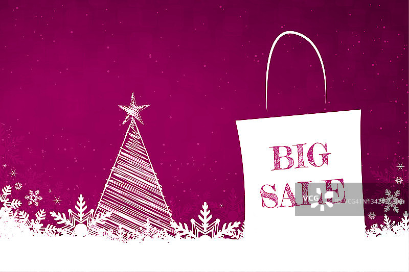 白色的雪花和底部的充满活力的品红紫红色或紫色水平的圣诞节日向量背景与一个购物袋与圣诞树和星星和短信大减价图片素材