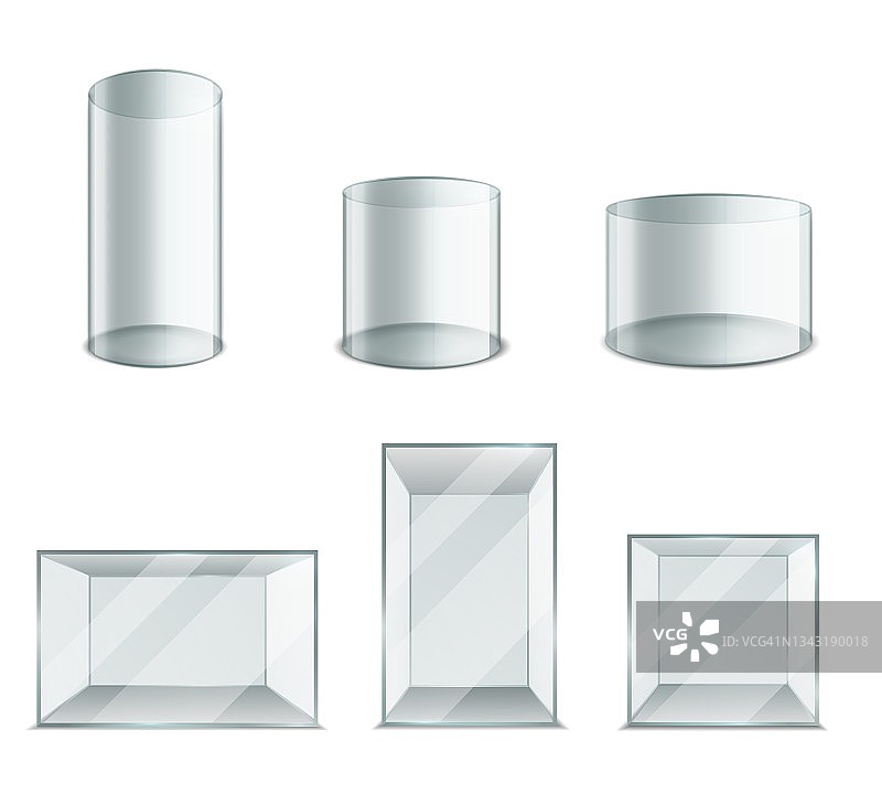 箱玻璃。逼真的塑料透明立方体和圆柱体。3D空白展柜。圆形或方形水族馆模型。具有光反射的几何形状。向量容器设置图片素材