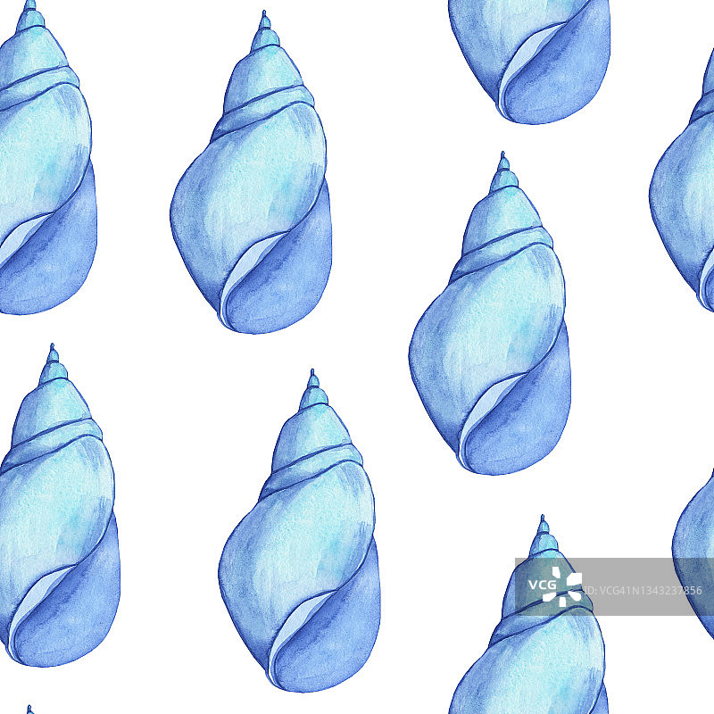 无缝模式的蓝色贝壳在白色的背景。水彩手绘插图。适用于海洋纺织品，数码纸，壁纸，印刷。重复海贝的纹理。图片素材