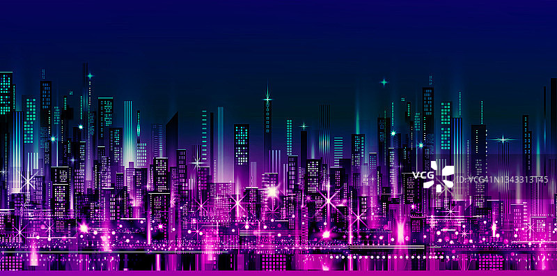 城市景观在黑暗的背景与明亮和发光的霓虹灯紫色和蓝色灯。图片素材