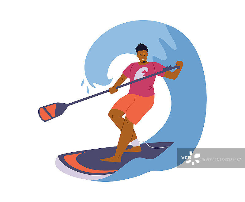年轻的运动者漂浮在桨板上，在旋转的海浪中，海洋或湖泊。图片素材