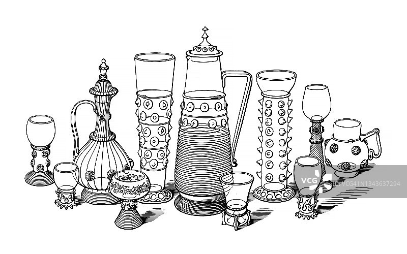德国科隆-艾伦菲尔德莱茵公司Glashütten AG的古老雕刻插图壶和酒杯图片素材