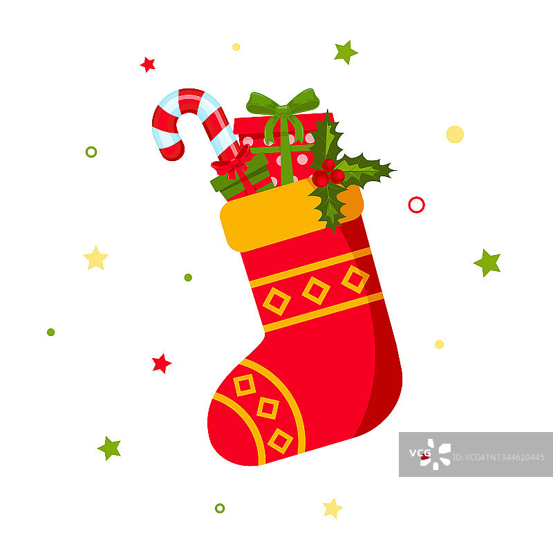 红色的有图案的圣诞袜子，有礼物，糖果，饼干图片素材