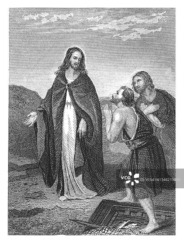 耶稣呼唤西门和安得烈的古老雕刻插图图片素材