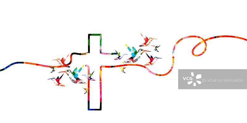 基督教十字架与蜂鸟孤立的矢量插图。宗教主题背景。为基督教、祈祷和关怀、教会服务、交流、慈善、帮助和支持而设计图片素材