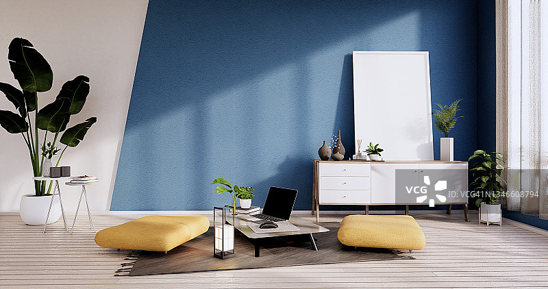 橱柜，扶手椅，植物和装饰在白色和蓝色的房间墙壁木设计。三维渲染图片素材