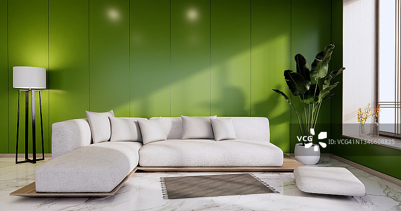室内，绿色客厅现代极简主义沙发在白色墙壁和花岗岩瓷砖地板。三维渲染图片素材