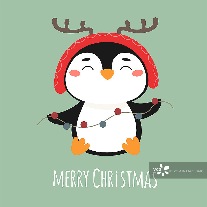 可爱的卡通企鹅戴着花环。圣诞快乐，矢量插图。刻字圣诞节结婚图片素材