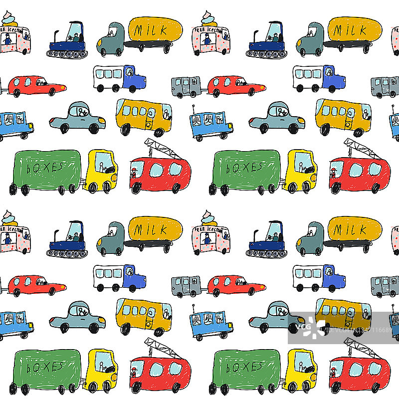 儿童画的不同的汽车，交通图纸在儿童的风格图片素材
