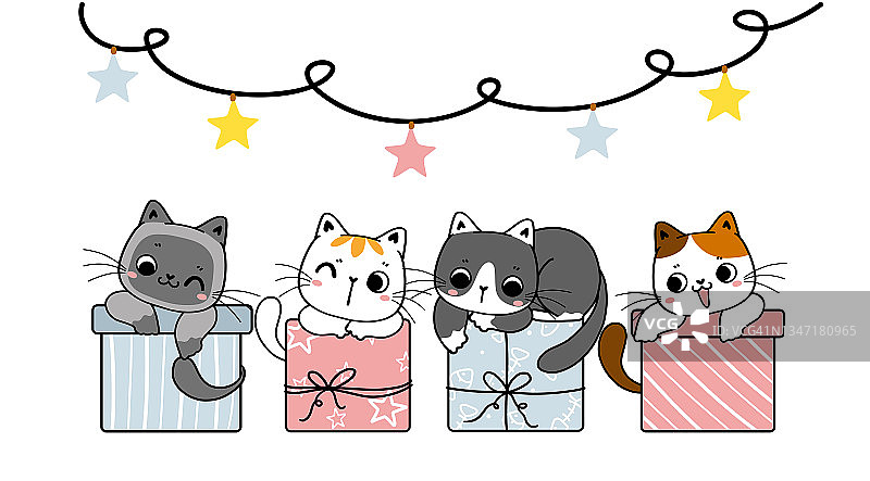 一组品种品种可爱的小猫小猫在粉彩礼物礼盒，粉彩圣诞派对，卡通手绘涂鸦平面矢量。图片素材