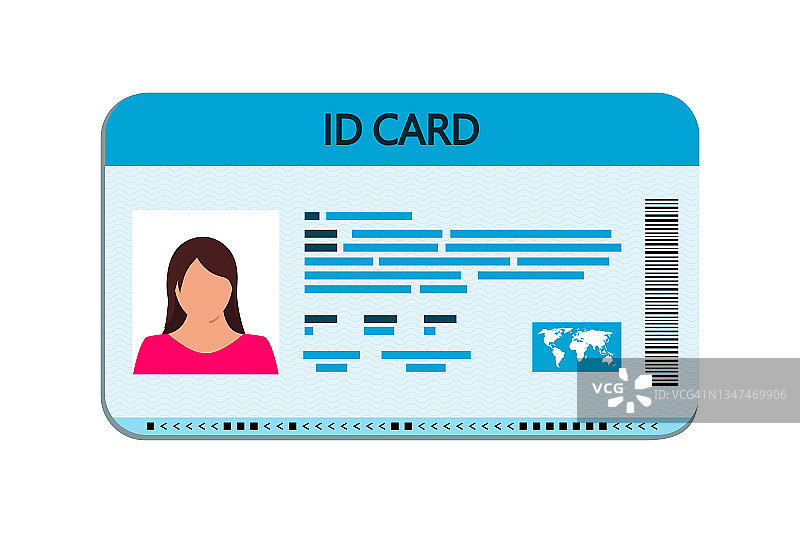 身份证。身份和驾驶执照。身份证明文件，国民，姓名，年龄和州。身份证护照带芯片，电子条码扫描器。女性照片与个人资料。向量图片素材