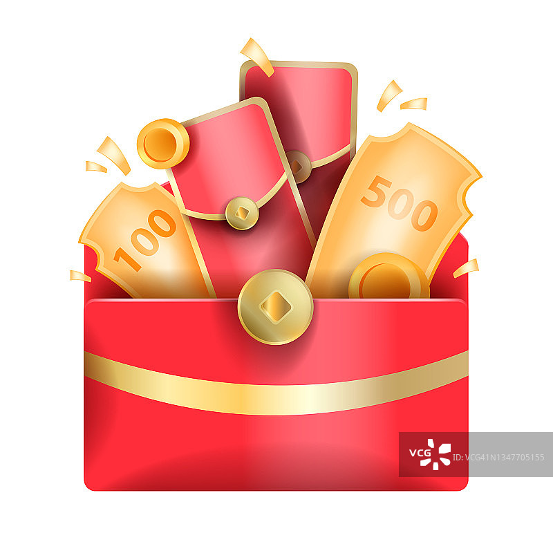 幸运中国红包，新年亚洲3D庆典金袋，矢量促销奖金券。图片素材