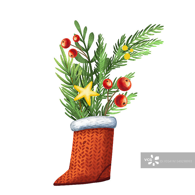 圣诞贺卡。可爱的圣诞袜和季节性树叶。红色的浆果和槲寄生。手绘插图。可爱的卡通风格。圣诞贺卡和版画的有趣艺术。图片素材