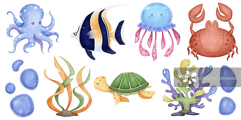 海洋套水下居民:海龟、螃蟹、章鱼、鱼类、水母、藻类、珊瑚。画在一个可爱的卡通风格。适用于童装、书籍、贴纸等。图片素材
