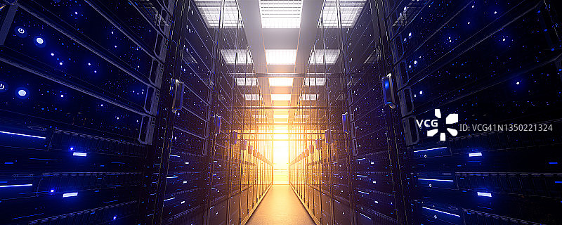 计算机网络安全服务器机房数据中心的服务器机架。现代化的内部服务器室数据中心。走廊尽头有一盏明亮的橙色灯。三维渲染图片素材