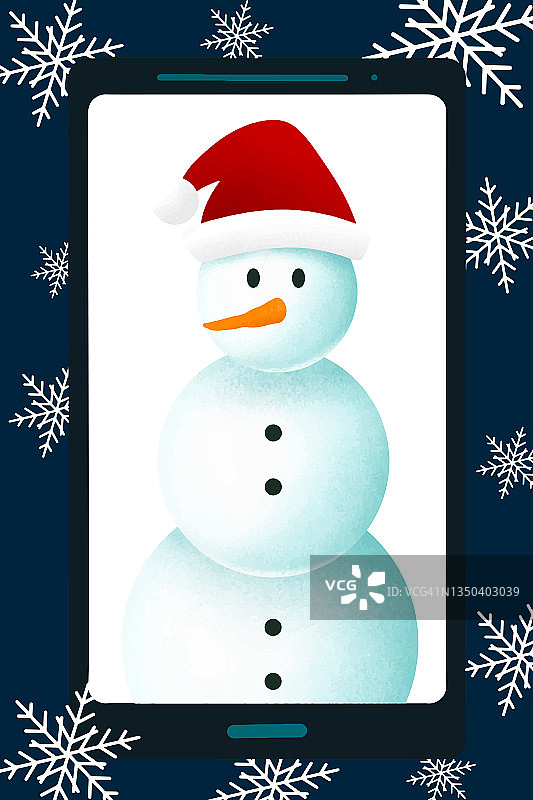 可爱的雪人戴着圣诞老人的帽子，在手机上展示图片素材
