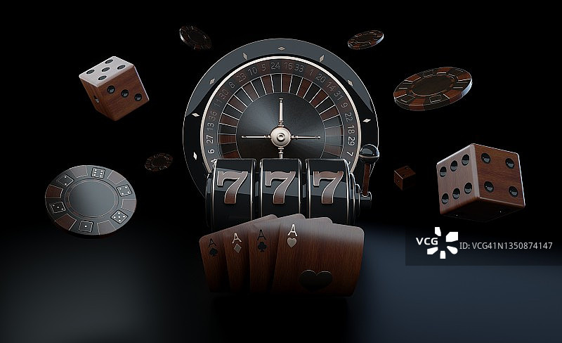 现代黑色，金色和木制轮盘赌轮，老虎机，四ace，赌场筹码和骰子- 3D插图图片素材