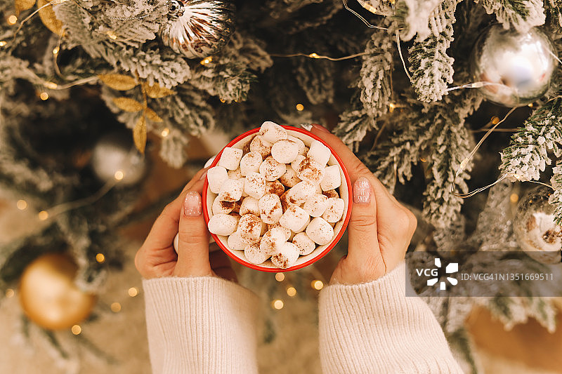 冬天的圣诞节，在家里，一位穿着针织毛衣的年轻女子在装饰好的圣诞树前端着一杯带着棉花糖的热咖啡图片素材