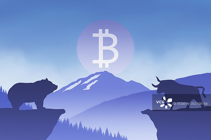 一个cryptocurrency概念。比特币的符号，公牛和熊面对面。漂浮在群山之上。图片素材