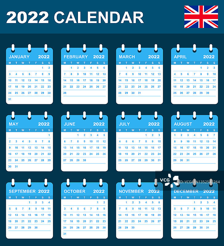 2022年英语日历。日程安排，日程或日记模板。星期一开始上课图片素材