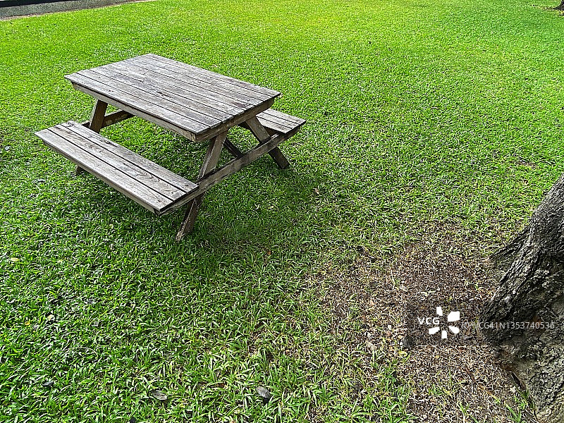 绿色的草地上有木头和金属做的长凳。图片素材