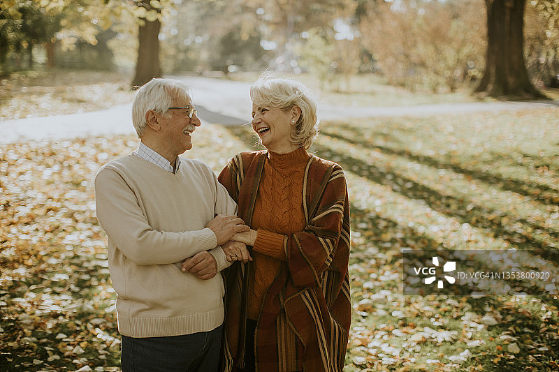 老年夫妇在秋天公园散步图片素材