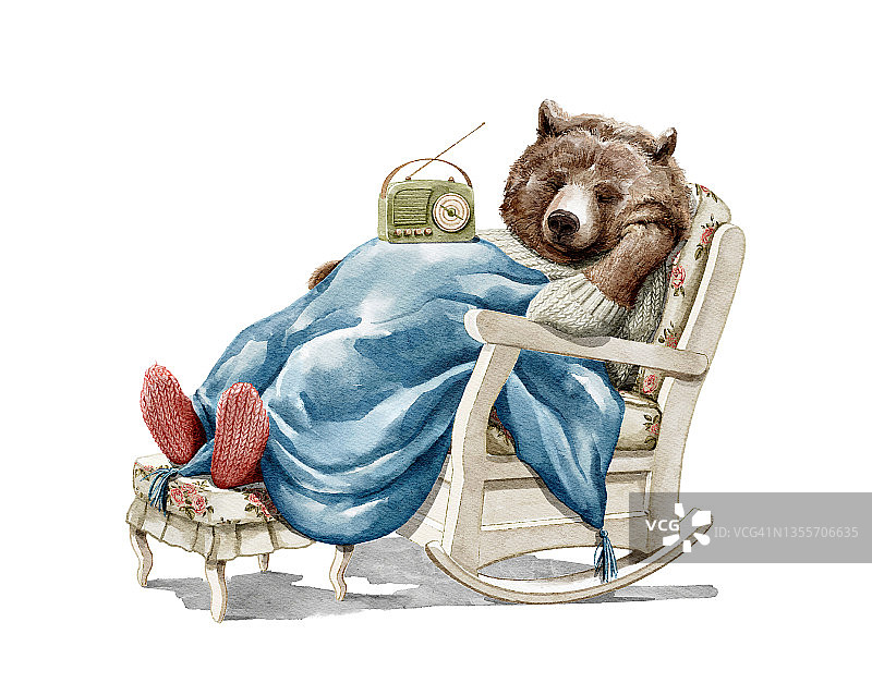 穿着衣服的水彩画圣诞卡通熊睡在扶手椅里图片素材