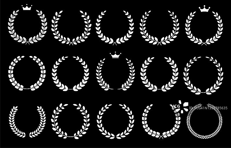 单色简单的月桂花环插图集(黑色背景上的白色)图片素材