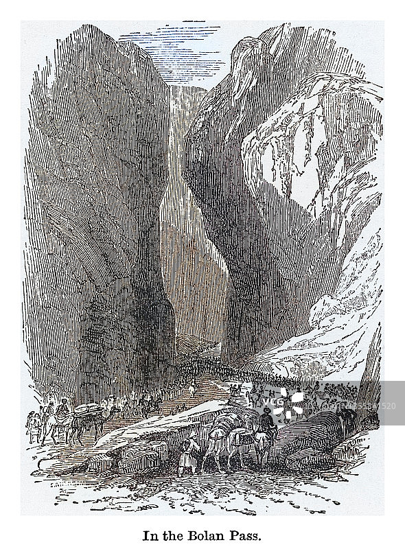 老雕刻插图的Bolān关口，山通过张卡卡尔山脉旁遮普省在巴基斯坦西部图片素材