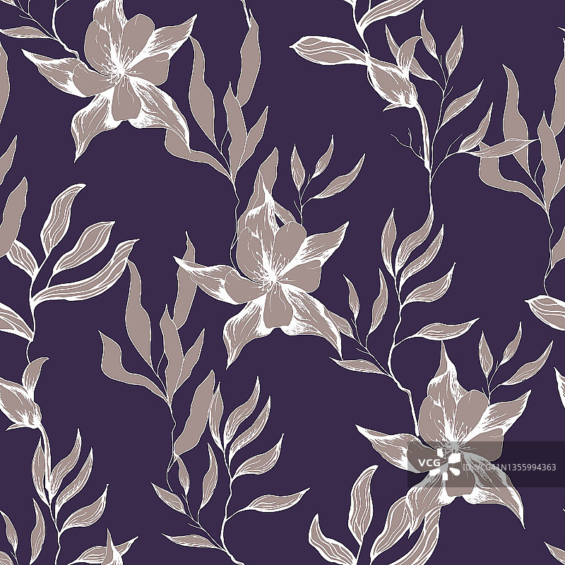 复古无缝打印与花和叶子在紫色的背景。矢量插图的手绘织物。图片素材