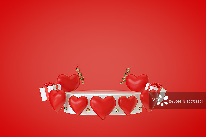 空的讲台，台座，情人节的心与红色背景的礼品盒图片素材
