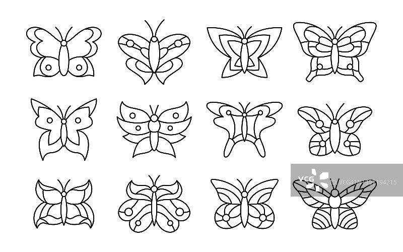 蝴蝶涂鸦设置图标飞蛾程式化的热带昆虫黑色轮廓翅膀图片素材
