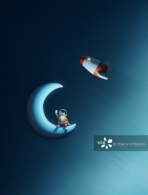 小太空人坐在月牙上，向在太空中飞行的火箭挥手图片素材