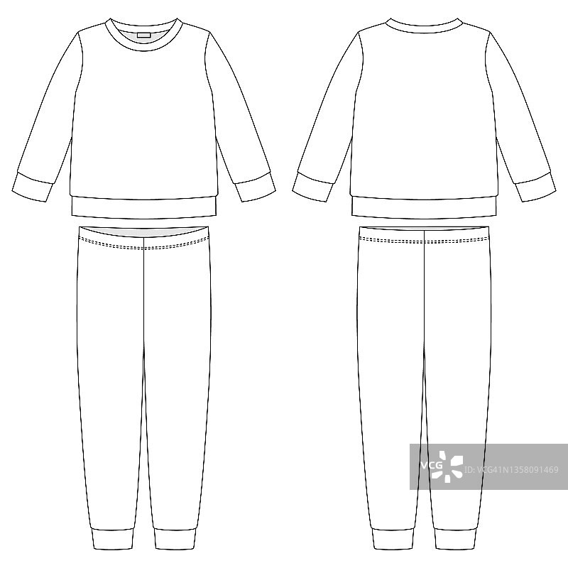 服装睡衣技术草图。儿童提纲睡衣设计模板孤立。计算机辅助设计说明图片素材