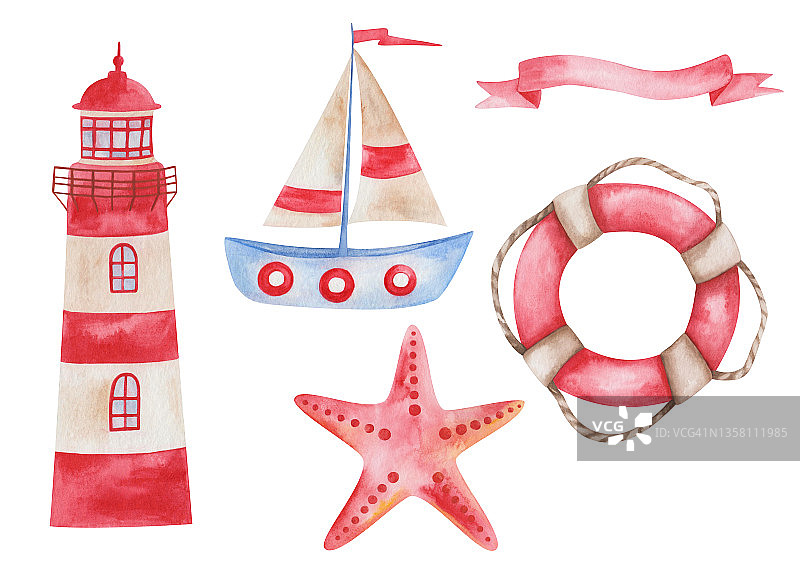手绘的水彩插图红色灯塔灯塔，船，船，船为海，海星，彩带旗帜，救生圈。海洋剪贴艺术的元素集面料纺织品，夏季卡图片素材