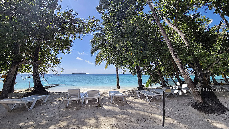 在马尔代夫的拉纳利岛上，空荡荡的沙滩椅子和热带树木图片素材