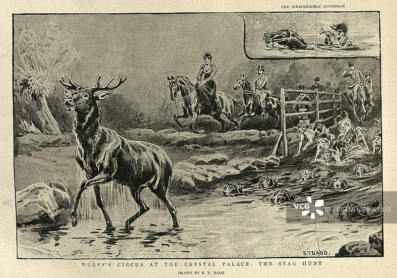 猎鹿和不可抑制的猎人，19世纪90年代，维多利亚时代的体育运动图片素材