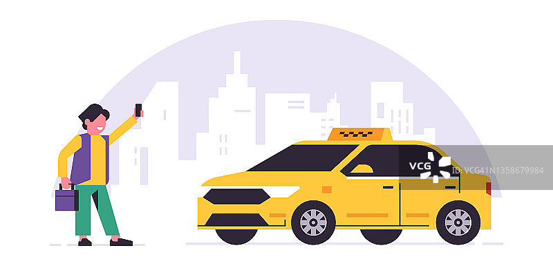 网上叫车服务。黄色出租车的司机，乘客，运输的人。拿着公文包的男人，城市，出租车。矢量插图孤立的背景图片素材