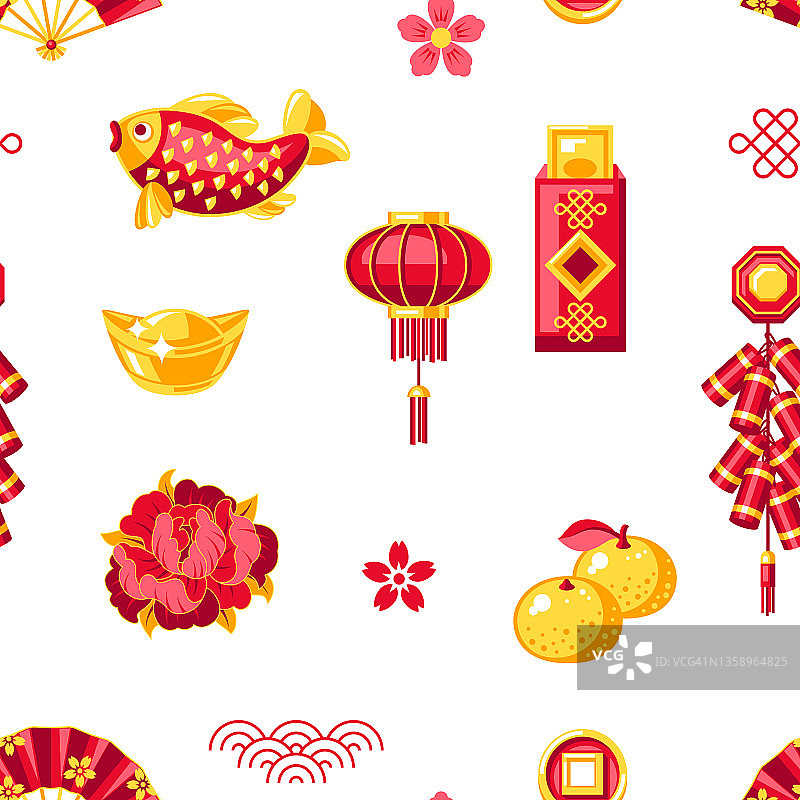 快乐春节无缝图案。背景与护身符和节日装饰。亚洲传统符号。图片素材
