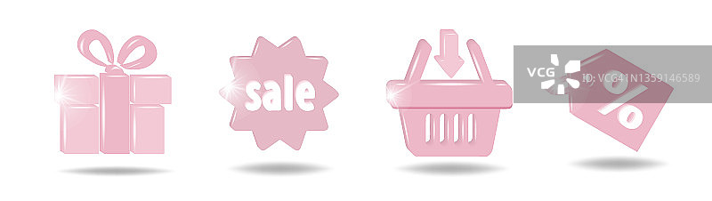 一组粉红色的销售图标。礼品盒，购物车，价格和销售标签图片素材