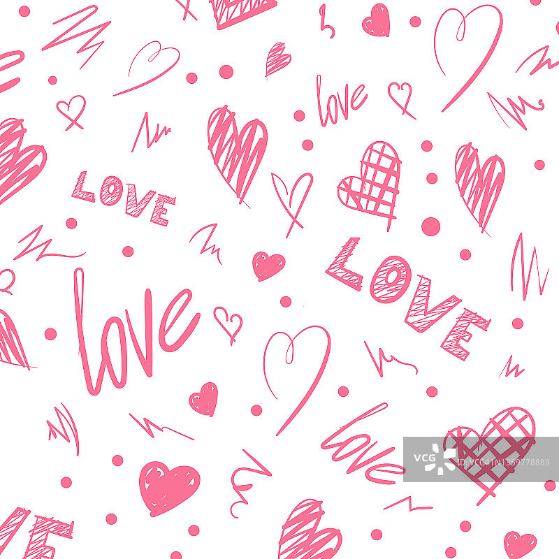 情人节的无缝模式。粉红色的字母，手绘的心形。时尚纹理的纺织品，包装纸和更多。图片素材