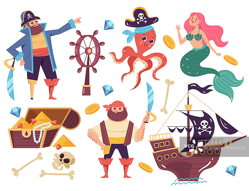 海盗水手冒险角色概念插图。矢量平面卡通图形设计孤立集图片素材